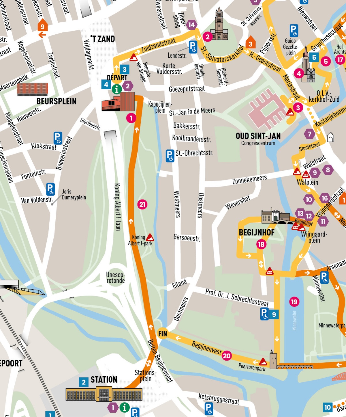 detail map 1 of a part of the walking route. The map is bounded by: St. Saviour's Cathedral to the north, Mariastraat and Minnewaterpark to the east, Begijnenvest to the south, Beursplein to the west.