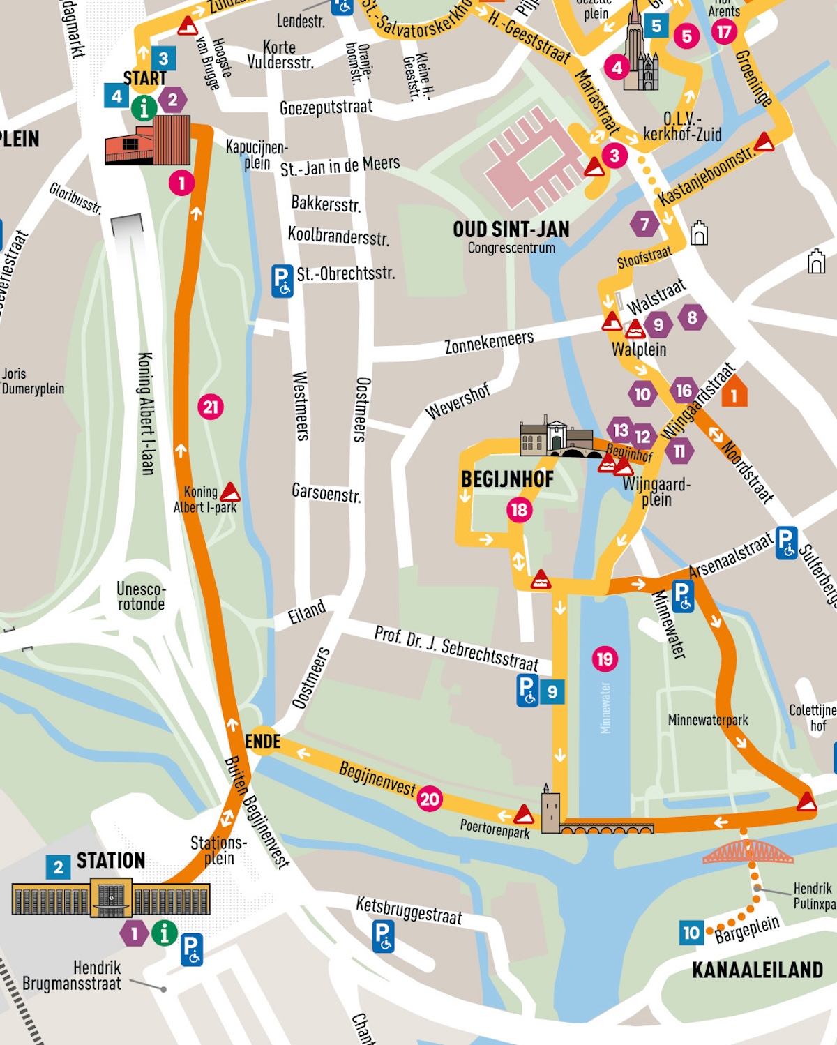 Detailkarte 3 mit einem Teil der Wanderstrecke. Die Karte ist wie folgt begrenzt: Sint-Salvatorskerkhof im Norden, Katelijnestraat im Osten, Bahnhof und Kanaaleiland im Süden, König-Albert I.-Park im Westen.