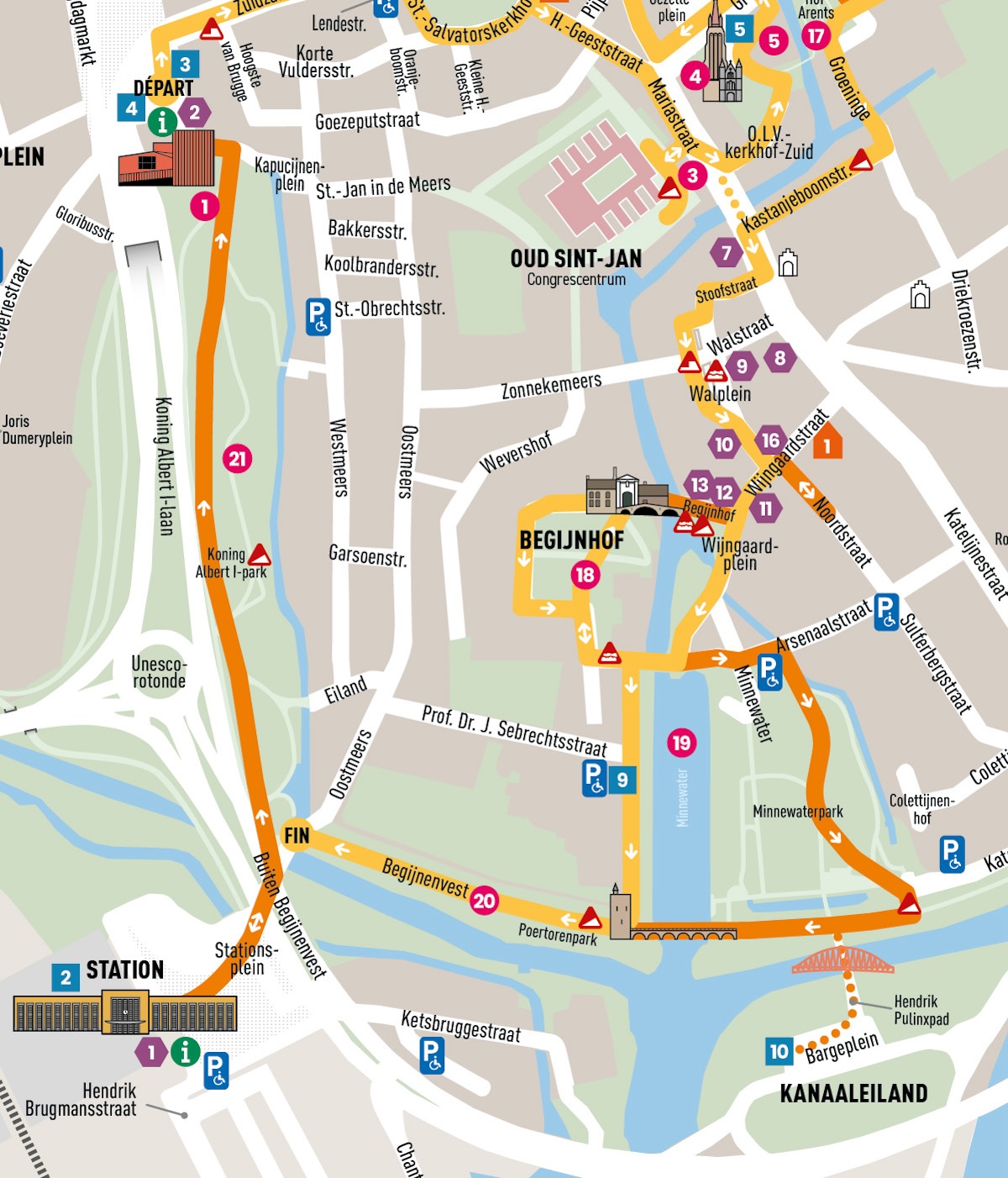 Détail de la carte 3 avec une partie du parcours. La carte est délimitée comme suit : Sint-Salvatorskerkhof au nord, Katelijnestraat à l'est, gare et Kanaaleiland au sud, Parc Roi Albert Ier à l'ouest.