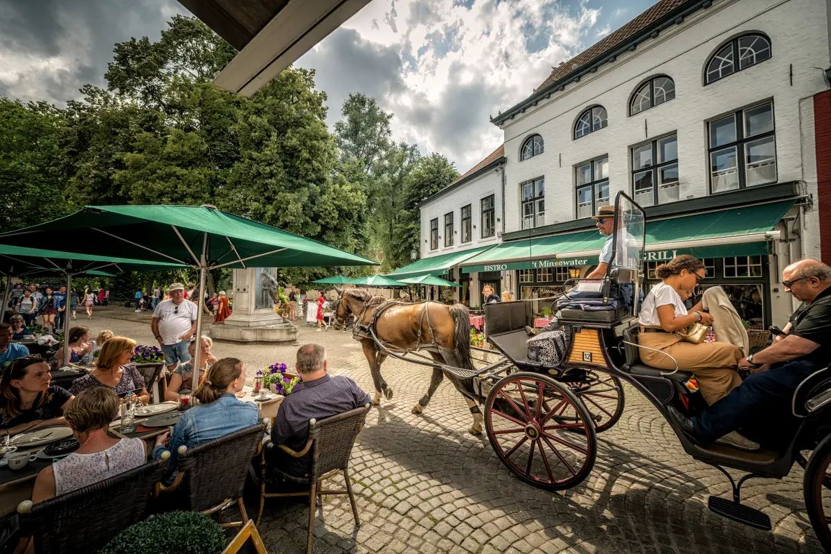 square with a terrace and a passing horse-drawn carriage, and in the background a fountain with a horse's head