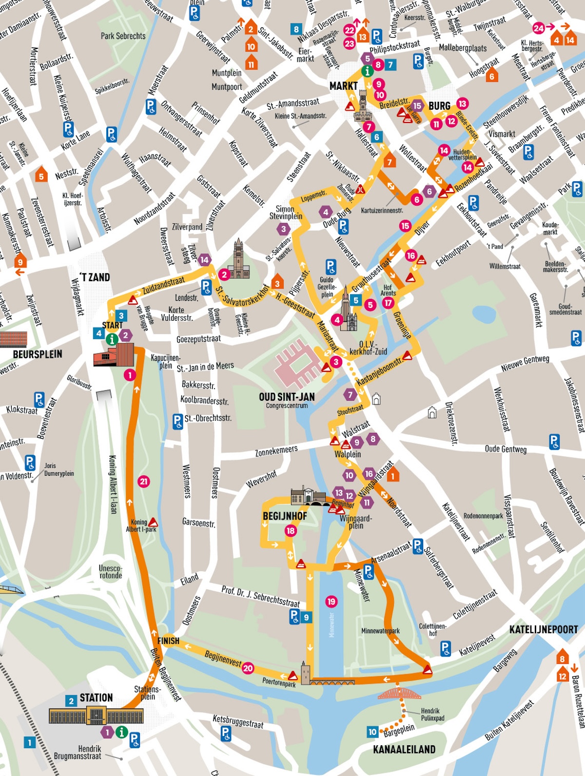 Map of Bruges with indicated walking route. The map is bounded as follows: Markt and Burg to the north, Koningin Astridpark to the east, train station and Kanaaleiland to the south, Beursplein to the west.